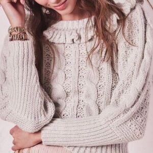 LoveShackFancy Christina Alpaca Cable Knit Sweater Cream Ruffle Metallic XS
